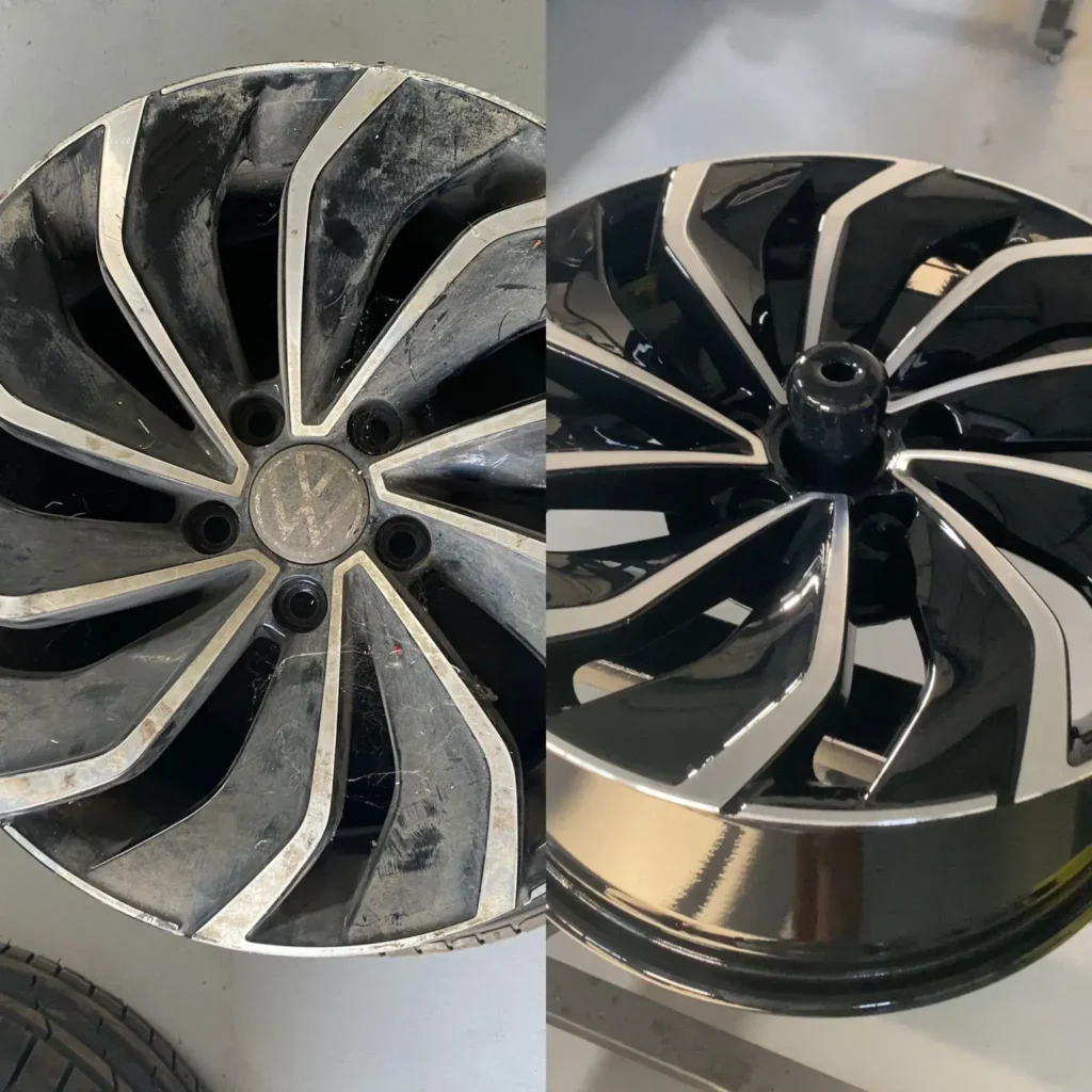 Comparație jantă auto înainte și după recondiționare Diamond Cut Vopsire Electrostatică în atelier JanteAuto București-Ilfov