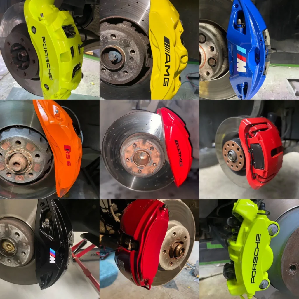 Etrieri frână vopsiți personalizat în culori vibrante cu logo AMG Porsche BMW M la atelier vopsitorie Ilfov